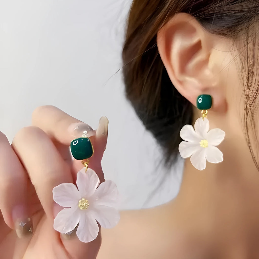 Dark green needle flowers sweet alloy earrings for women, shown as a complete pair