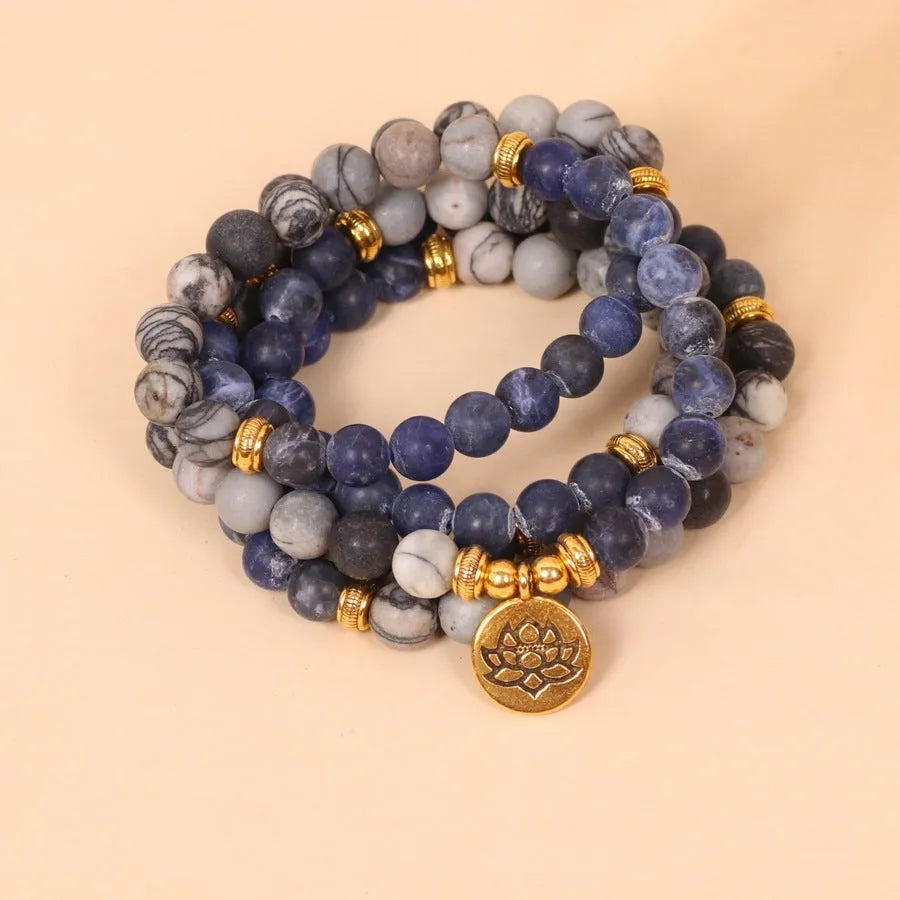 Blue patterned network stone bead multi layer bracelet with alloy components in fresh sweet style