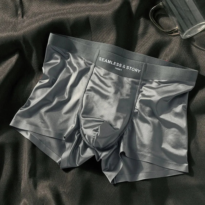 Men's ice silk satin underwear in mid-waist cut, shown in coffee, light grey, white, and blue colours.