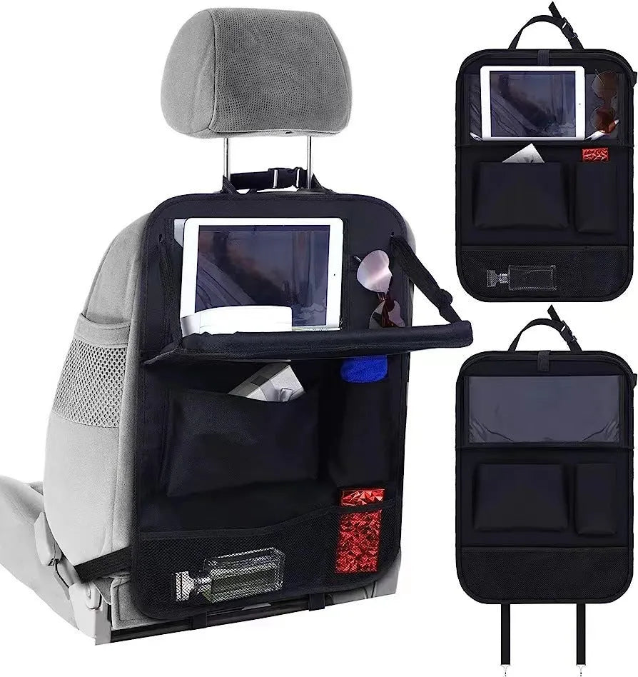 Black oxford cloth car seat organiser bag with hanging loops for storage