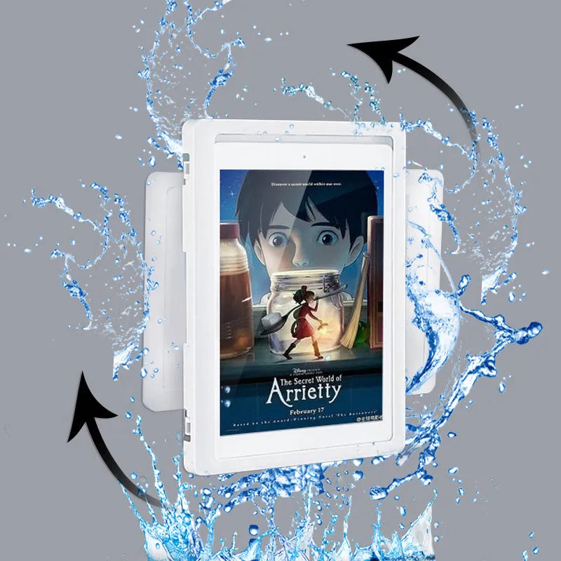 Waterproof plastic phone holder with clear anti-fog window showing smartphone inside, mounted on bathroom tile