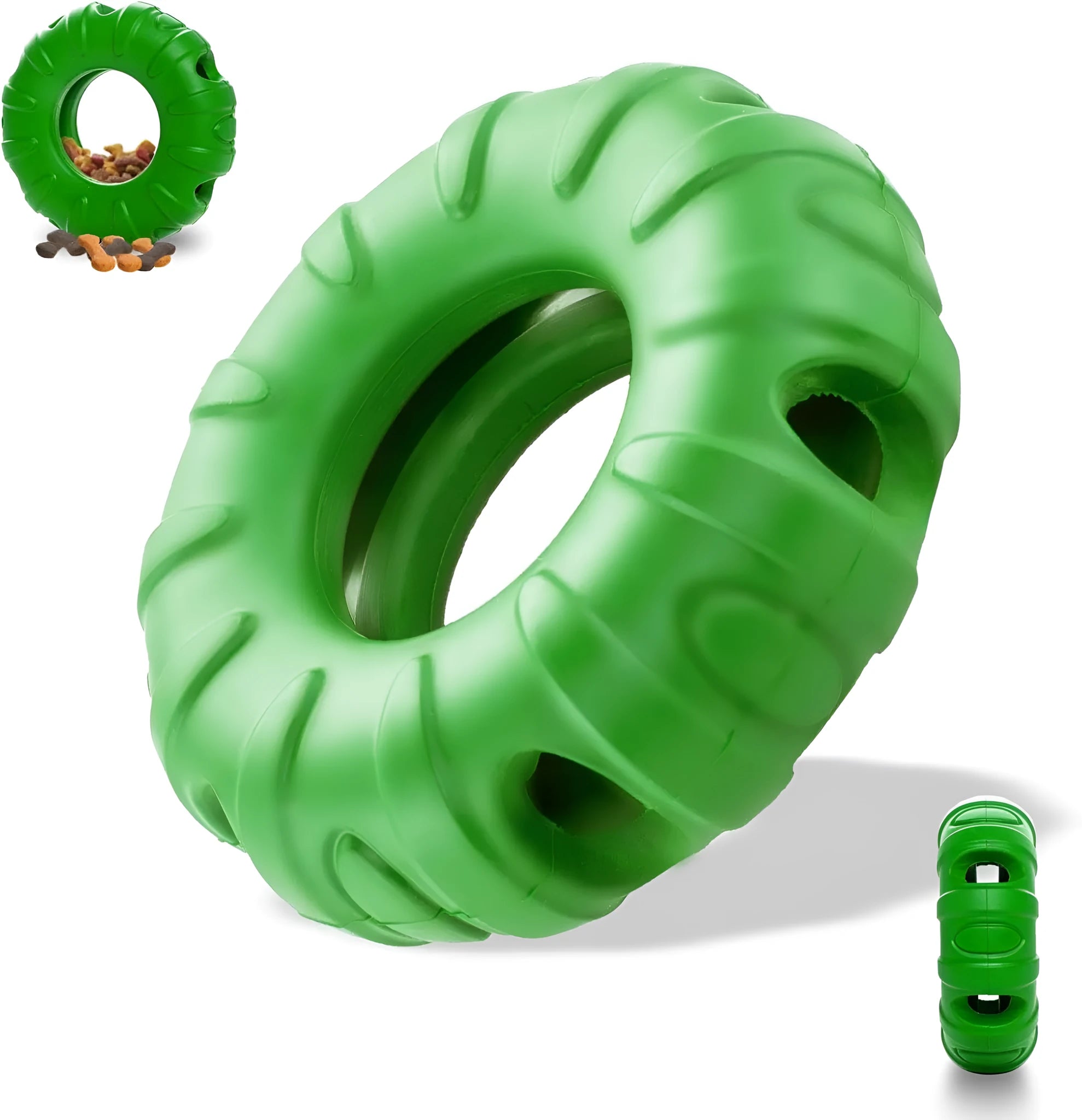 Blue beef-flavoured rubber tyre dog toy with oval holes for treat dispensing