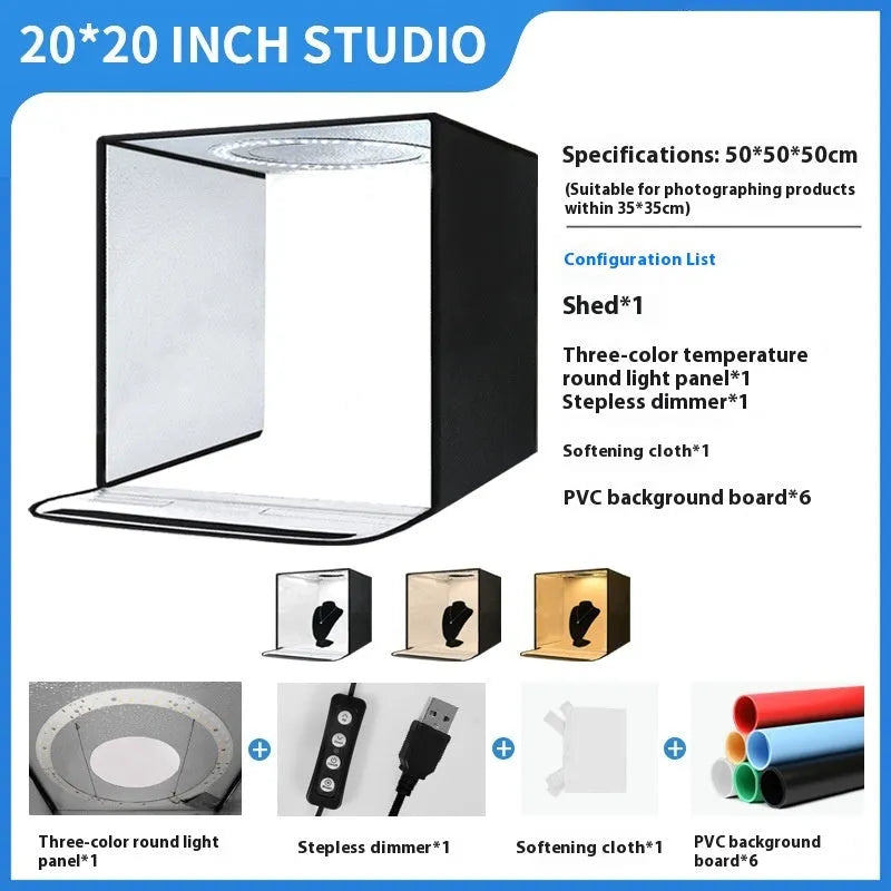 50cm studio photo light box with folding LED lighting and reflective cloth interior for product photography