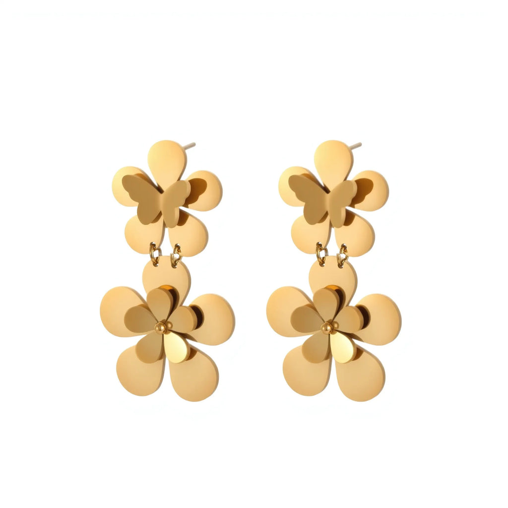 Gold plated stainless steel earrings featuring flower and butterfly geometric design for women