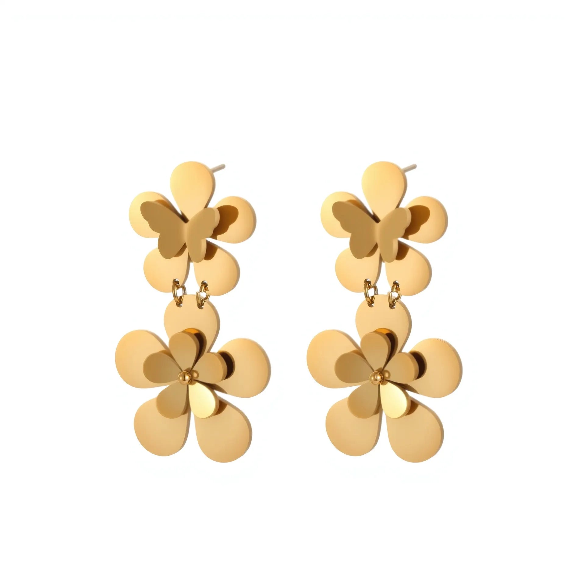 Gold plated stainless steel earrings featuring flower and butterfly geometric design for women