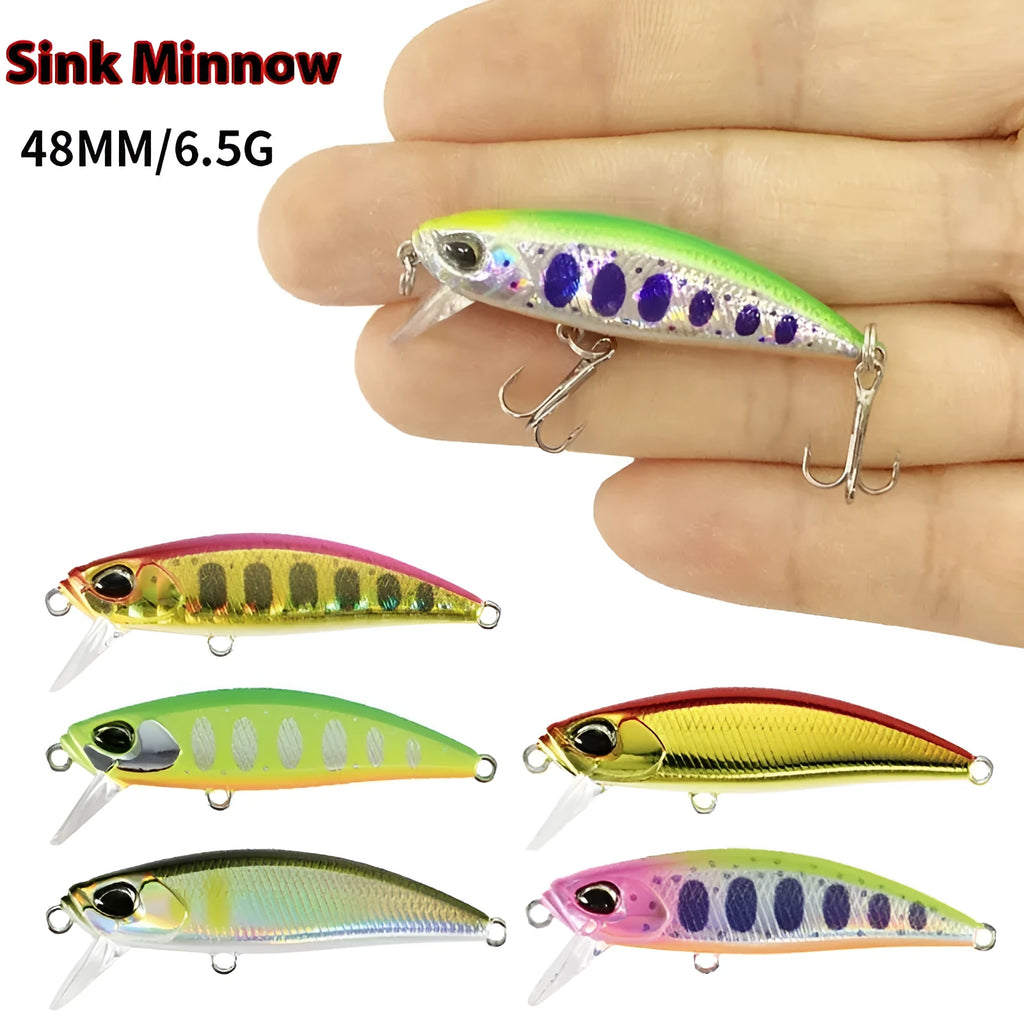 48mm long 6.5g hard fishing lure for mino techniques, shown in one of fourteen available colours.