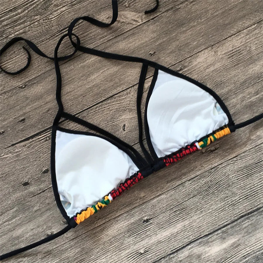 Women's digital print split bikini swimsuit with high-waisted briefs and backless top