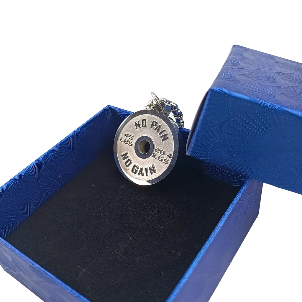 Stainless steel barbell disk geometric pendant necklace on a choice of 60cm chain.