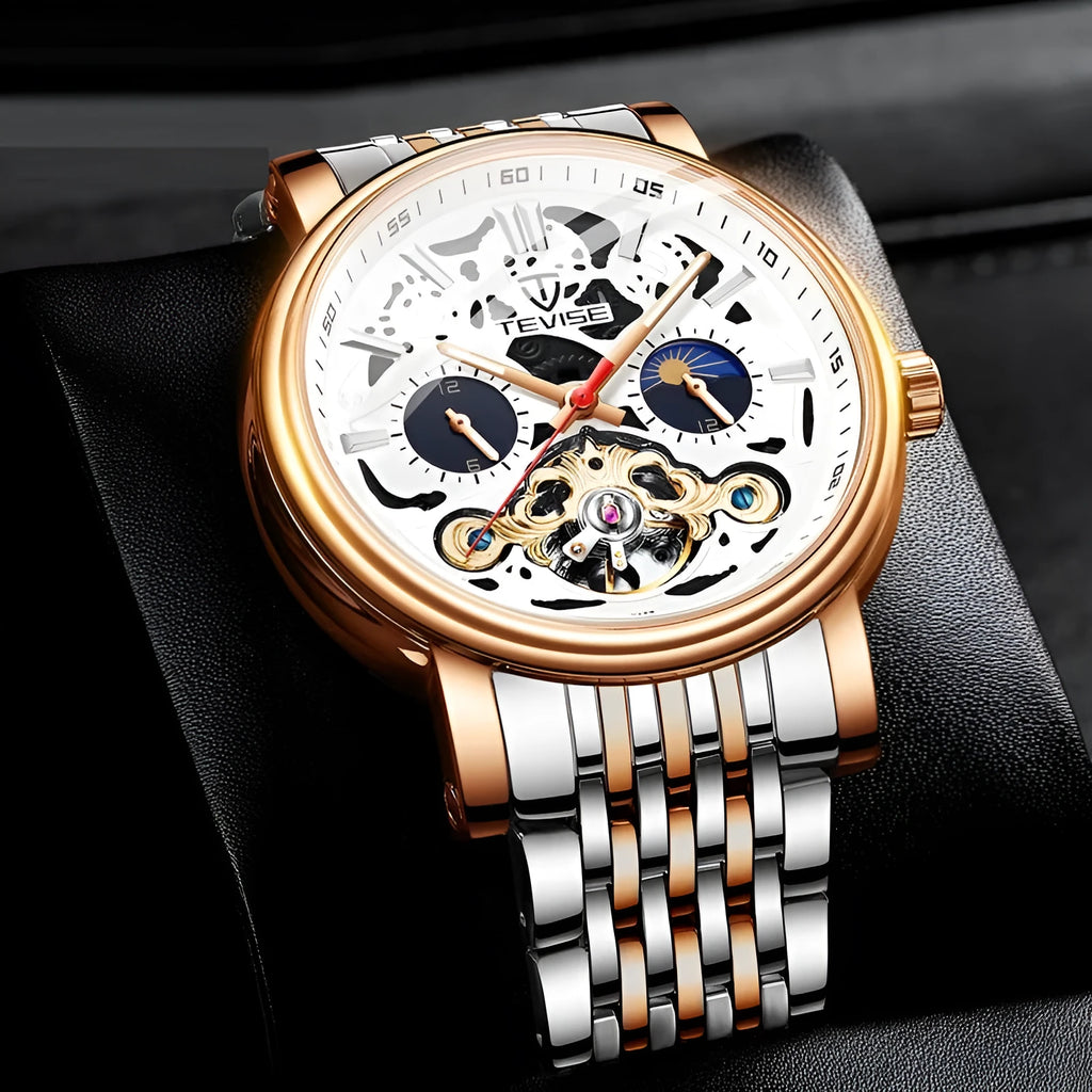 Men's black tourbillon mechanical watch with luminous hands on stainless steel bracelet