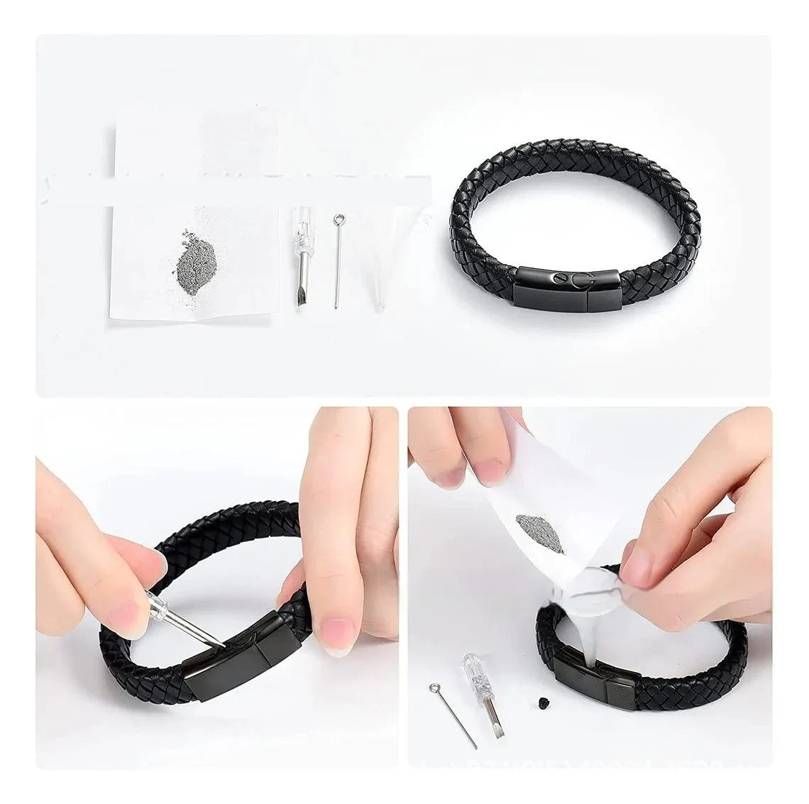 Black stainless steel cinerary casket bracelet with leather elements and English letter design