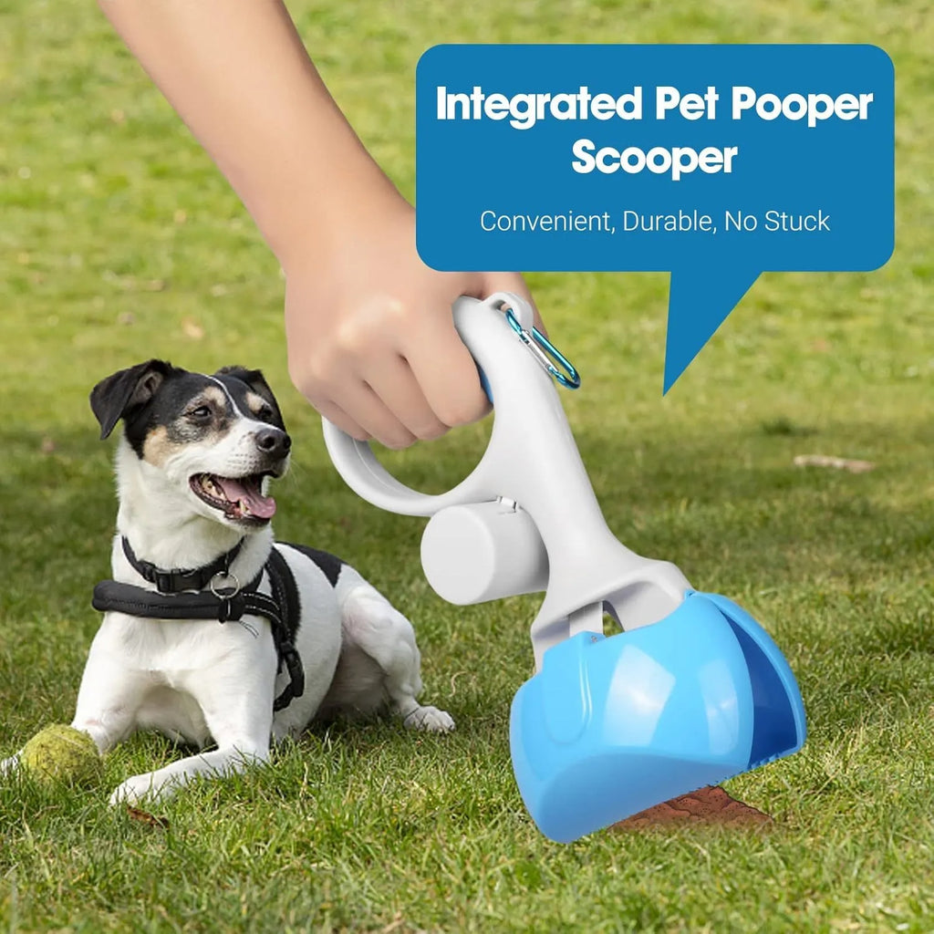 Heavy-duty ABS plastic pet pooper scooper with integrated trash bag holder in blue colour