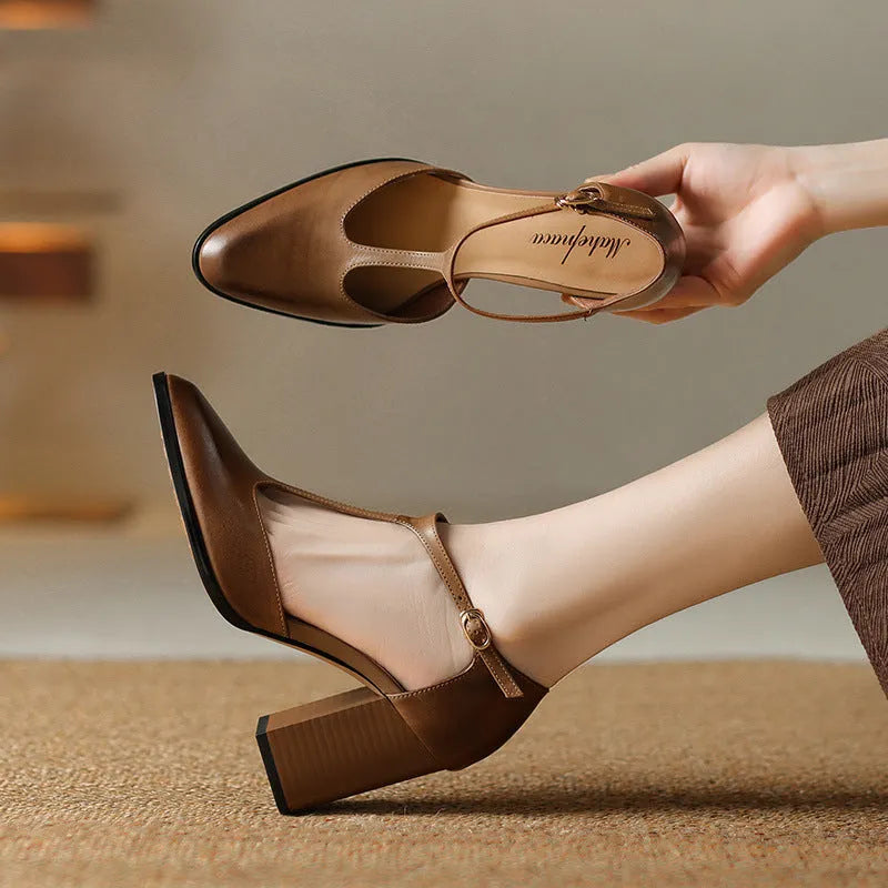 Women's dark brown retro pointed toe Mary Jane shoes with buckle and Baotou hollow design.