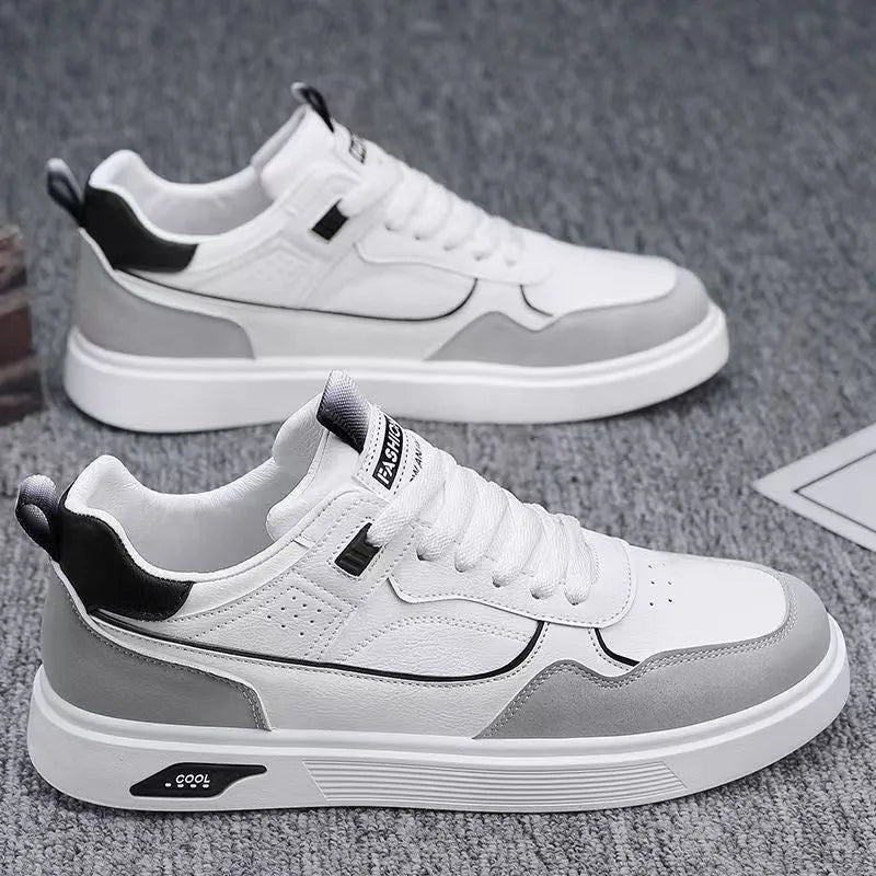 Men's low top canvas board shoes in beige with leather stitching detail and mesh lining