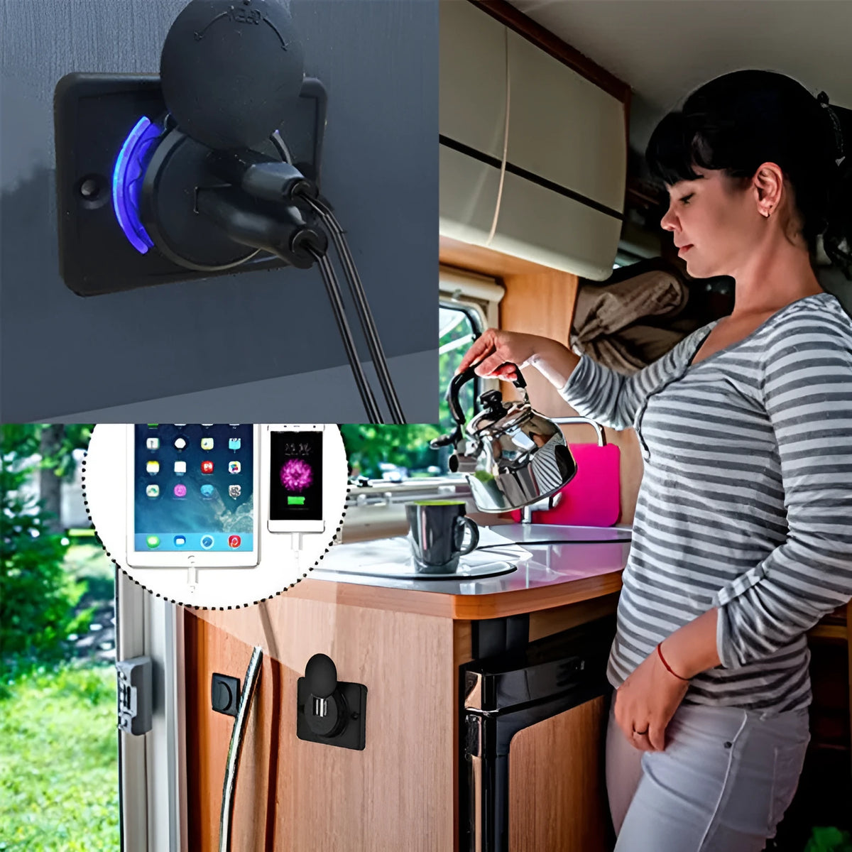 Black 12 volt car USB charger with dual ports for vehicle installation