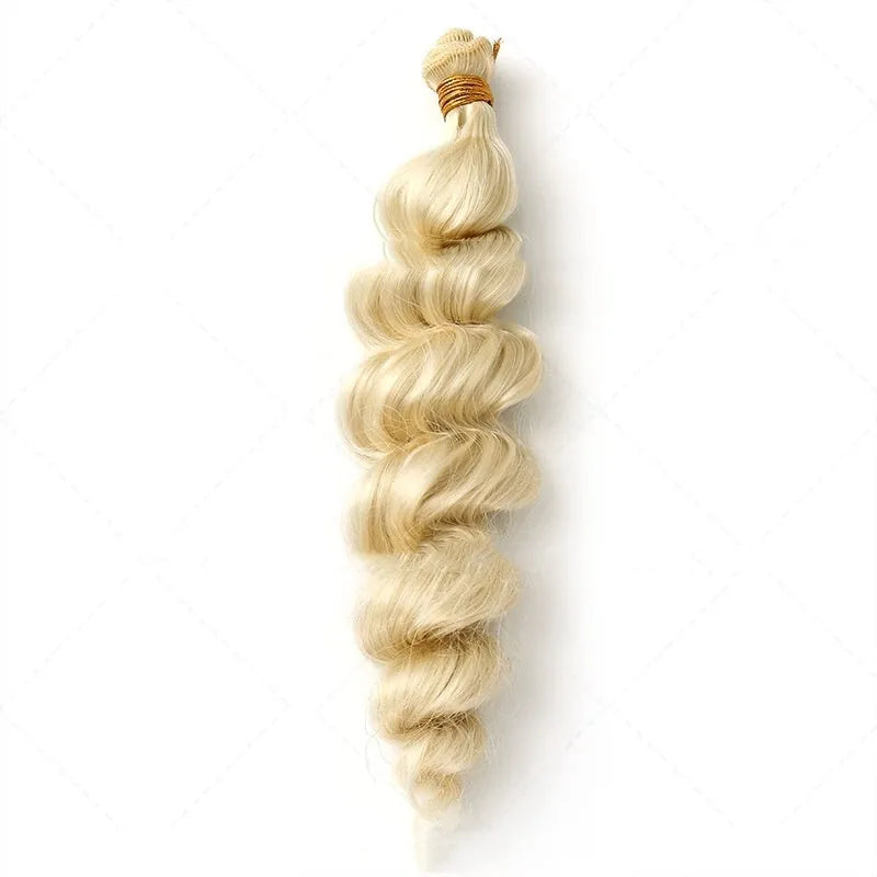 Golden blonde synthetic wig for women shown in 18, 20 and 22 inch length options.