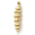 Golden blonde synthetic wig for women shown in 18, 20 and 22 inch length options.