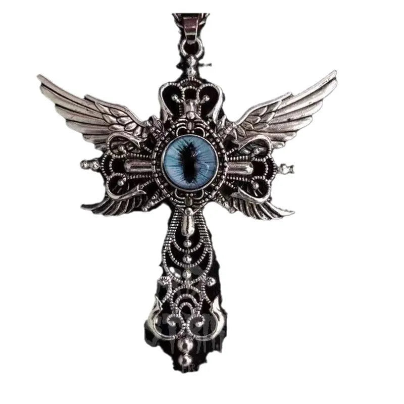 Alloy devil wings cross pendant necklace showing geometric design in available colour options