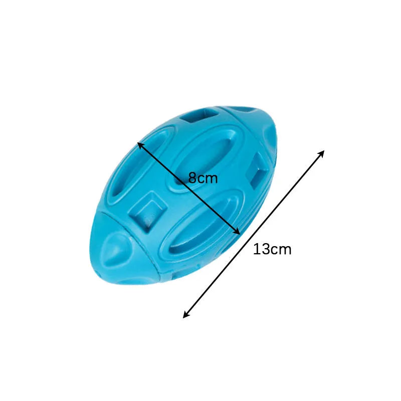 Blue durable rubber squeaky dog ball with surface grooves for aggressive chewers
