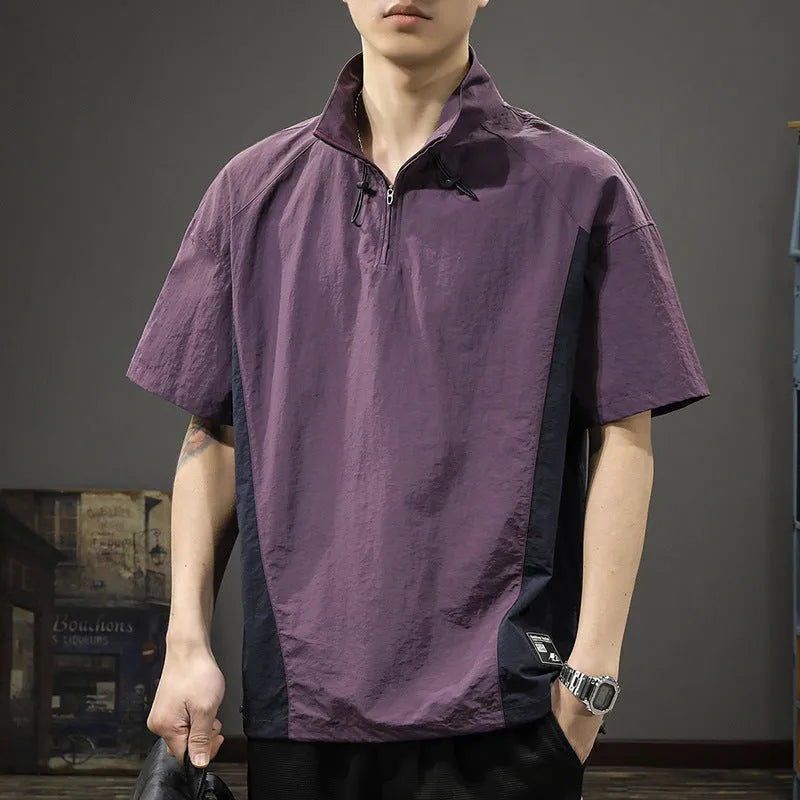 Men's brown half-zip stand collar business casual shirt with short sleeves and ice silk fabric