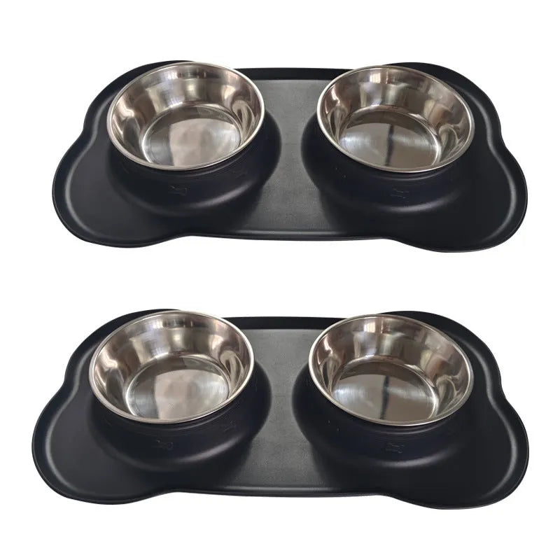 Large silicone dog bowl with stainless steel dish in blue colour on non-slip mat