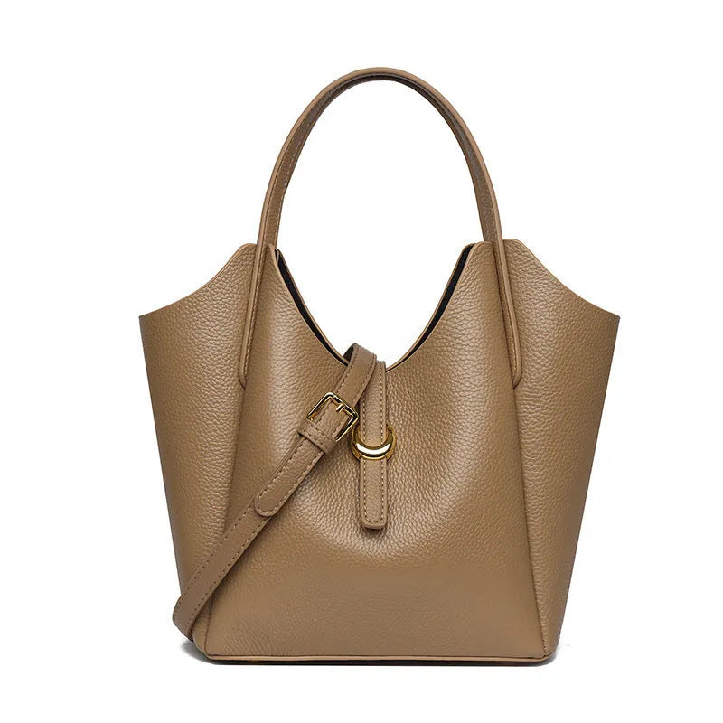 Genuine leather women's bucket handbag with file compartment in retro European style