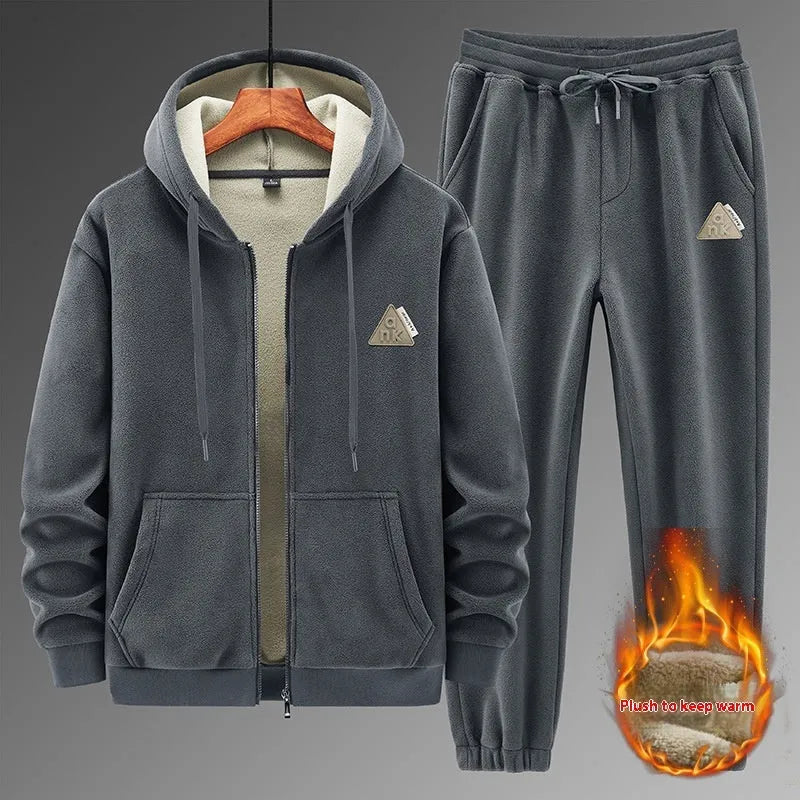 Men's grey casual sports suit set featuring a hooded long-sleeve sweater and matching trousers