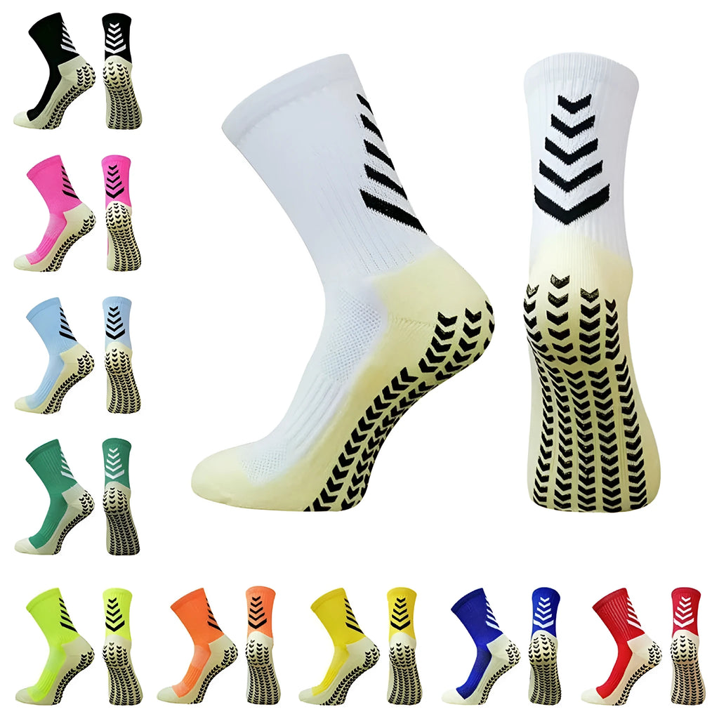 Men's mid-calf athletic socks with geometric patterns and non-slip silicone grip in multiple colour options