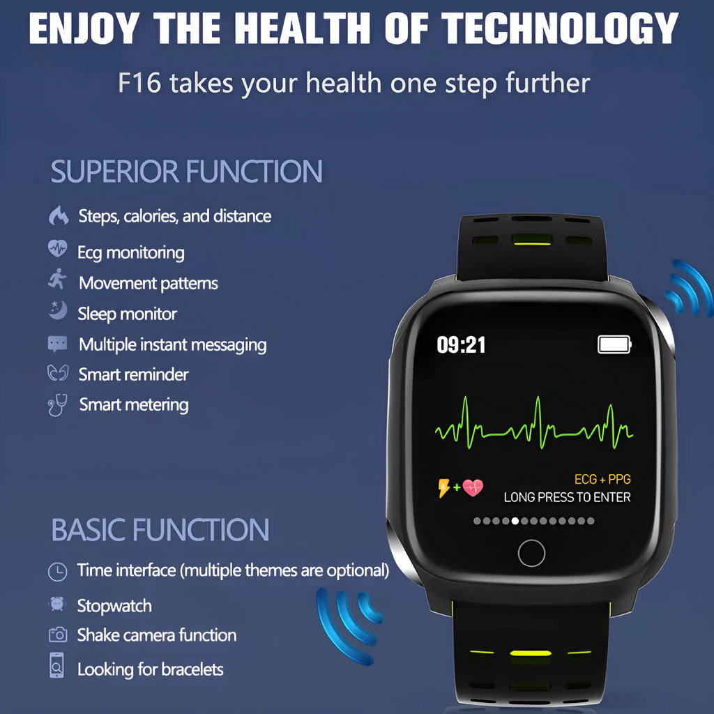 F16 smart watch with ECG monitor on wrist, showing black green silicone band and 43mm IPS display.