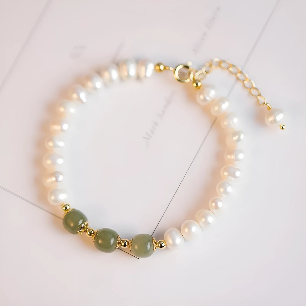 Korean style natural freshwater pearl bracelet with diamond-shaped electroplated pearls in Hetian jade colour