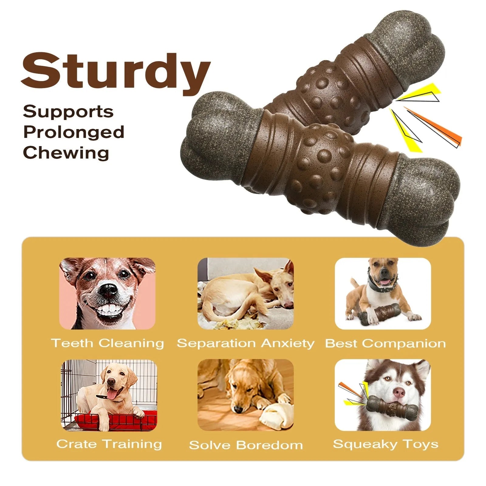 Wood colour plastic bone-shaped dog dental chew toy with textured surfaces for teeth cleaning