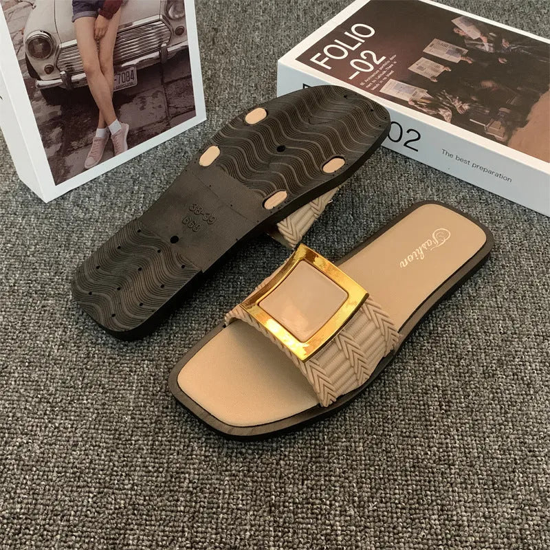 Women's casual summer flat slippers with PVC sole in apricot, black, and khaki colour options