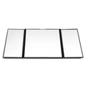 Silver car folding makeup mirror shown both closed and opened, with ABS plastic frame and glass mirror.