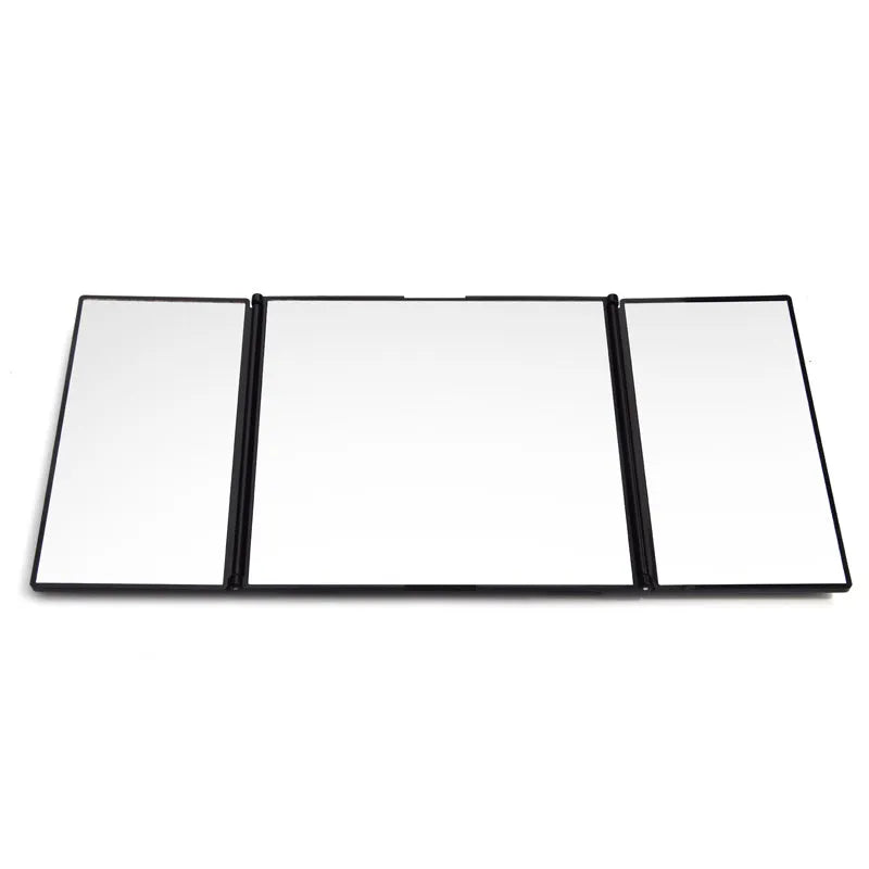 Silver car folding makeup mirror shown both closed and opened, with ABS plastic frame and glass mirror.