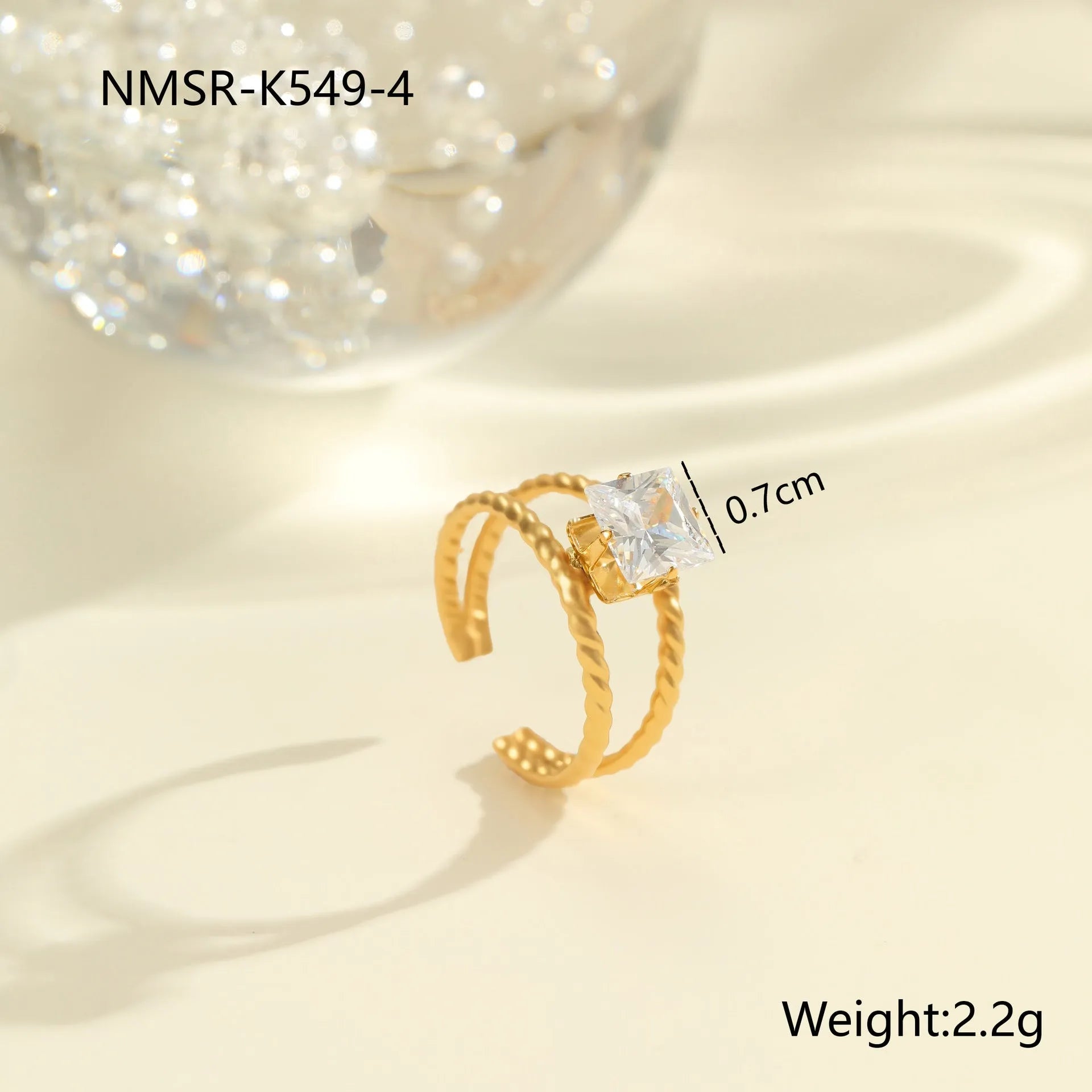 Gold inlaid zircon stainless steel open mouth ring with geometry design featuring heart and drop shapes