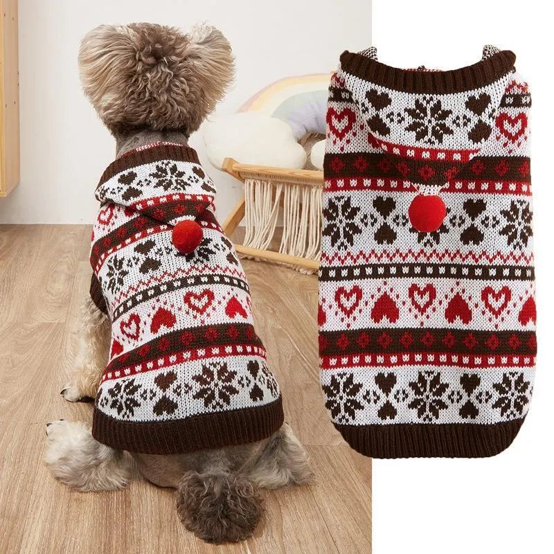 Pink, blue, and grey striped camouflage dog sweater with snowflake and love motifs for small breeds.