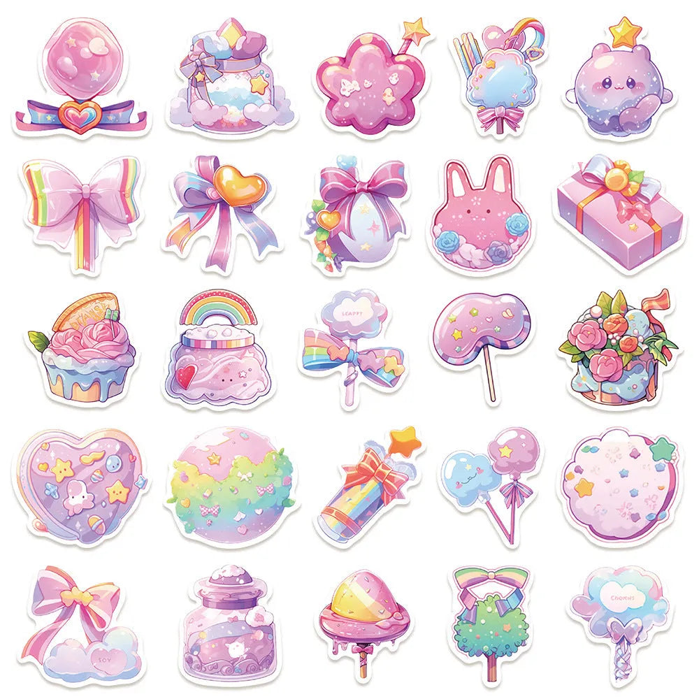 Pack of 50 colourful cute candy and small object waterproof stickers ranging from 4cm to 7cm in size.