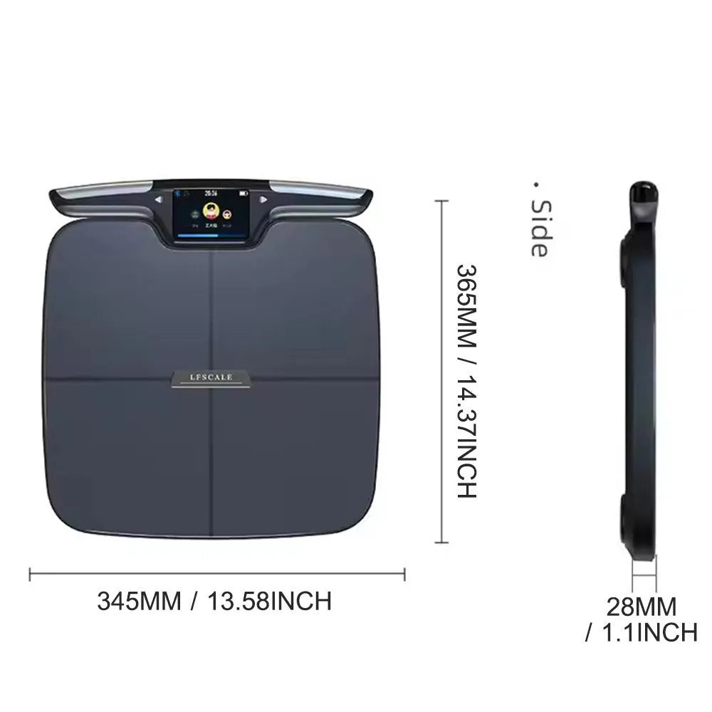 Black eight-electrode body fat scale on a bathroom floor showing digital display.