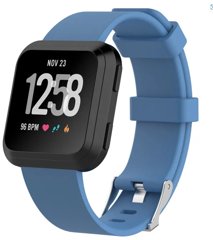 Fitbit Versa Lite replacement wrist strap showing colour options including black, blue, purple, red, and yellow