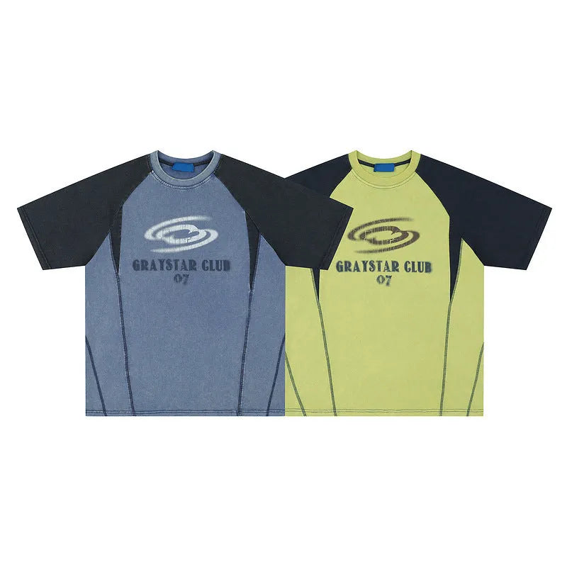 Blue men's hip hop letter print t-shirt with raglan sleeves on a hanger