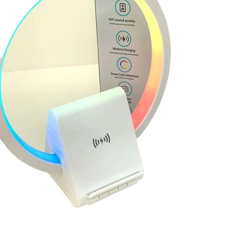 White circular Bluetooth speaker with wireless charging surface measuring 225mm diameter