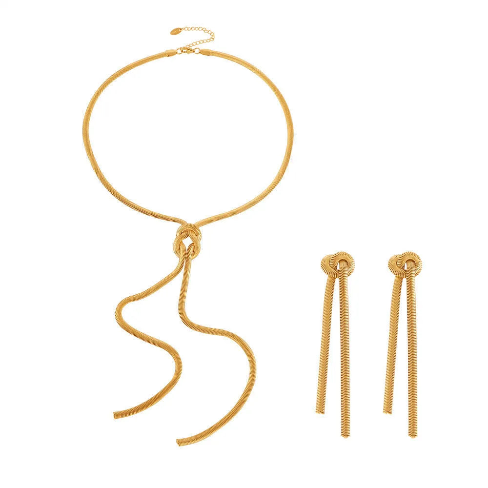 Gold titanium steel knotted tassel necklace and matching earrings set with snake chain