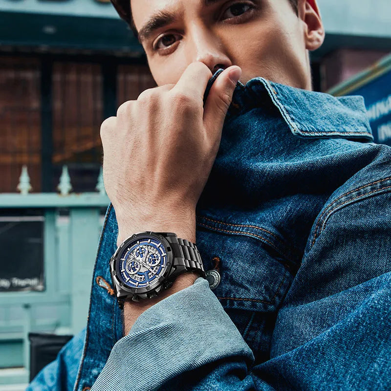 Men's waterproof luminous quartz watch with stainless steel bracelet in black, gold, or silver colour options
