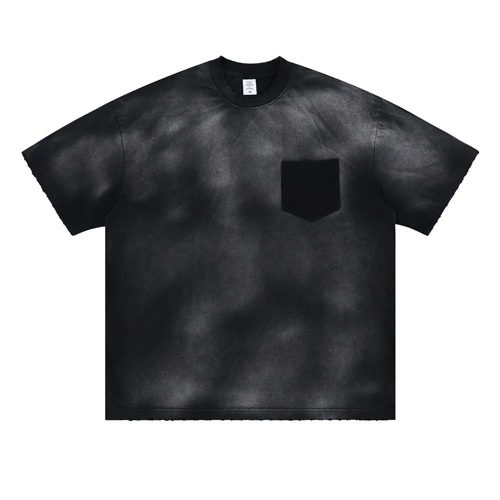 Black men's loose fit cotton T-shirt with printed letter pattern and drop-shoulder short sleeves.