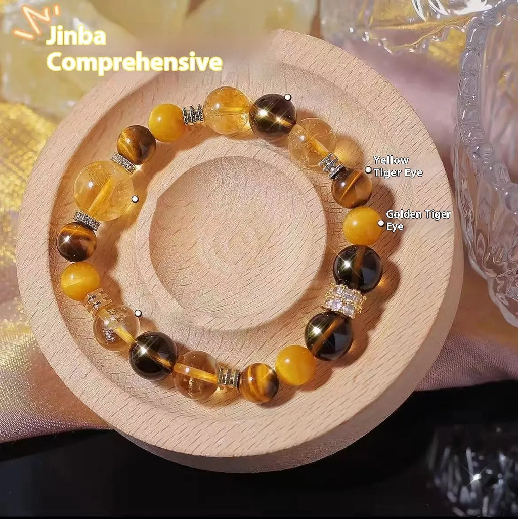 Women's natural yellow 10mm artificial crystal string beads bracelet on wrist.