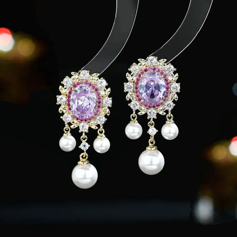 Oval geometric earrings with zircon inlay and pearl tassels in four colour variations