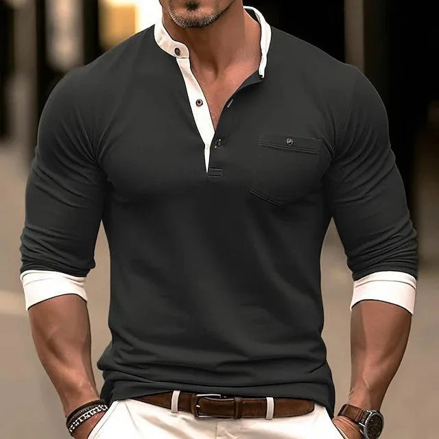 Personality men's solid colour long sleeve cotton t-shirt on a hanger.