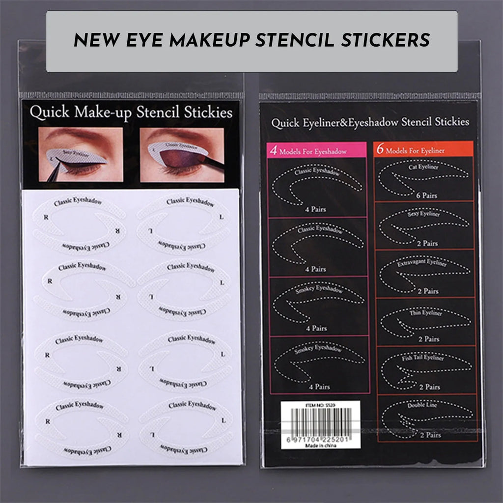 Set of four reusable flexible eyeliner and eyeshadow makeup stencil stickers on a pink background.