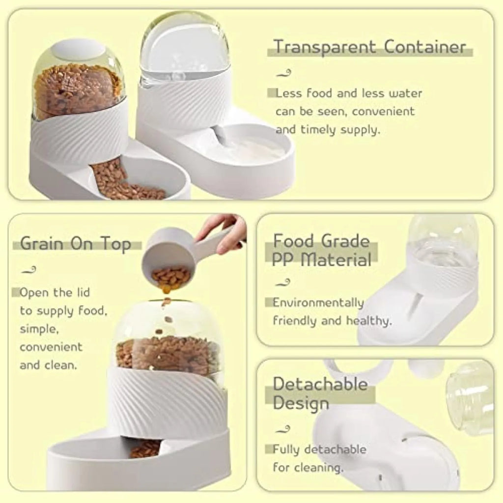 White automatic cat feeder and water dispenser set, each with 2L capacity and wave-shaped design.