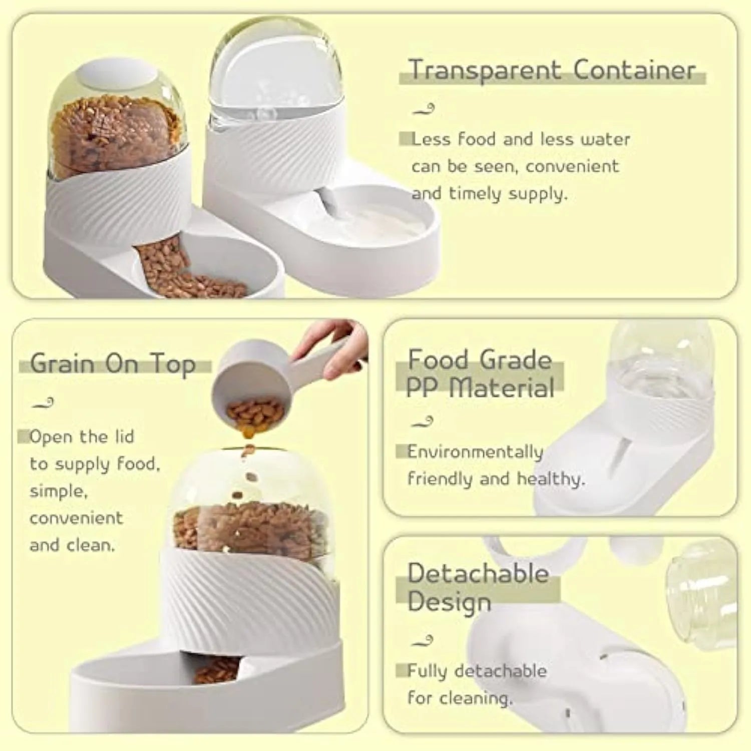 White automatic cat feeder and water dispenser set, each with 2L capacity and wave-shaped design.