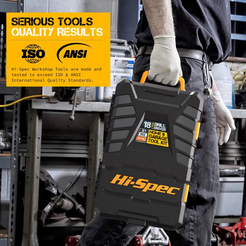 Grey yellow storage case containing an 82-piece chrome-vanadium steel tool set for furniture installation